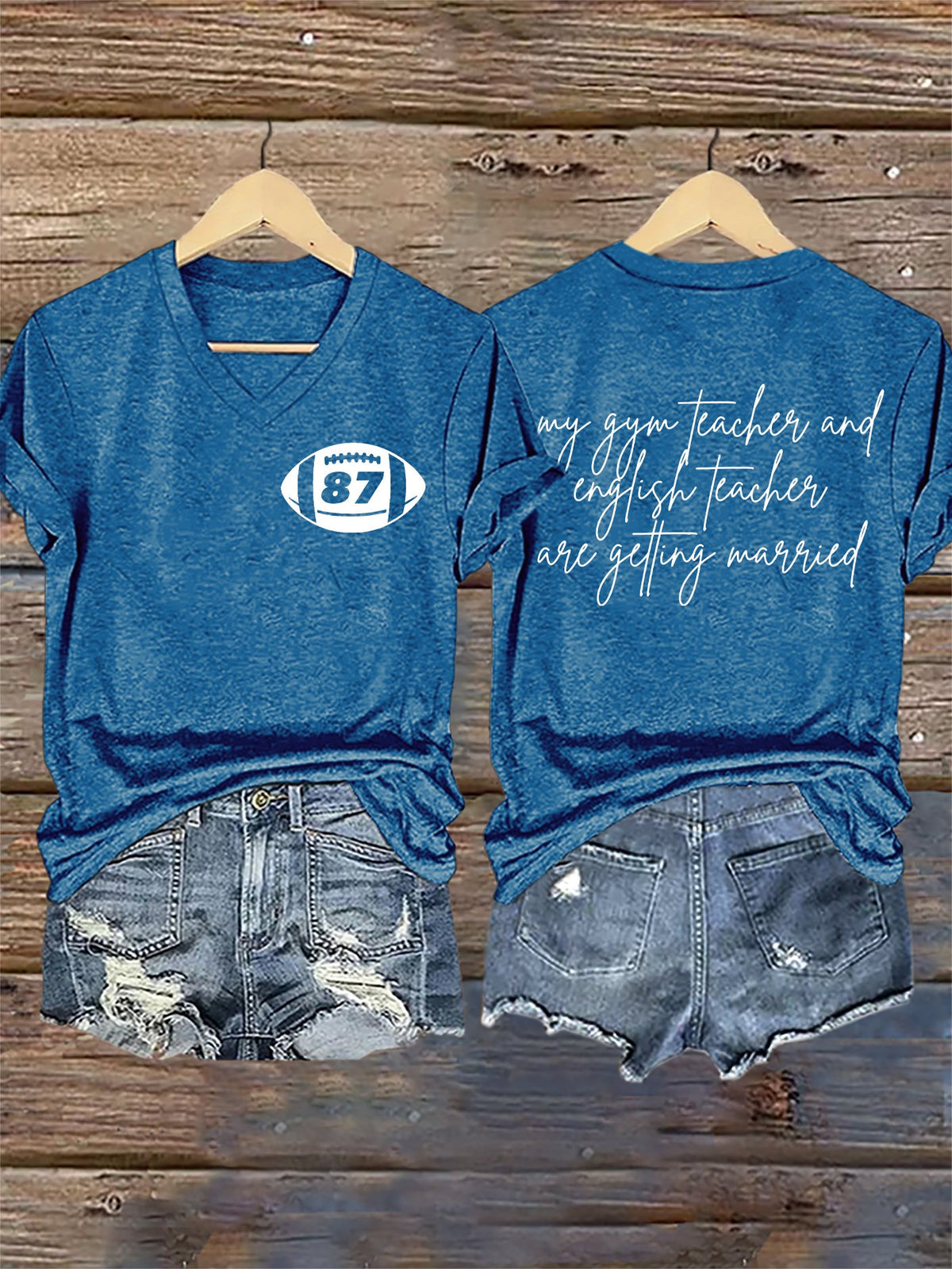 V-Neck Retro 87 Football My English Teacher And Gym Teacher Are Getting Married Print T-Shirt