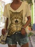 Women's Cute Animal Scared Cat Print Short Sleeve T-Shirt