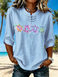 Casual Vacation-Style Sea Turtle Print Button Down Short Sleeve Blouse