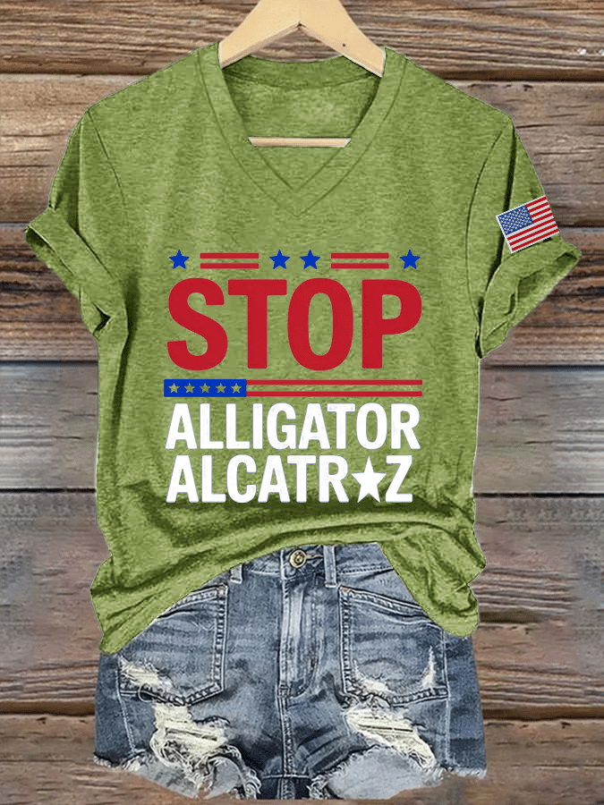 Women's Stop Alligator Alcatraz Print V-Neck T-Shirt