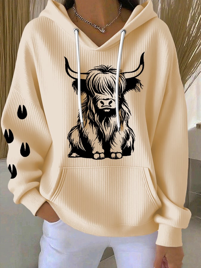Women's Vintage Western Highland Cow Print Casual Hooded Sweatshirt