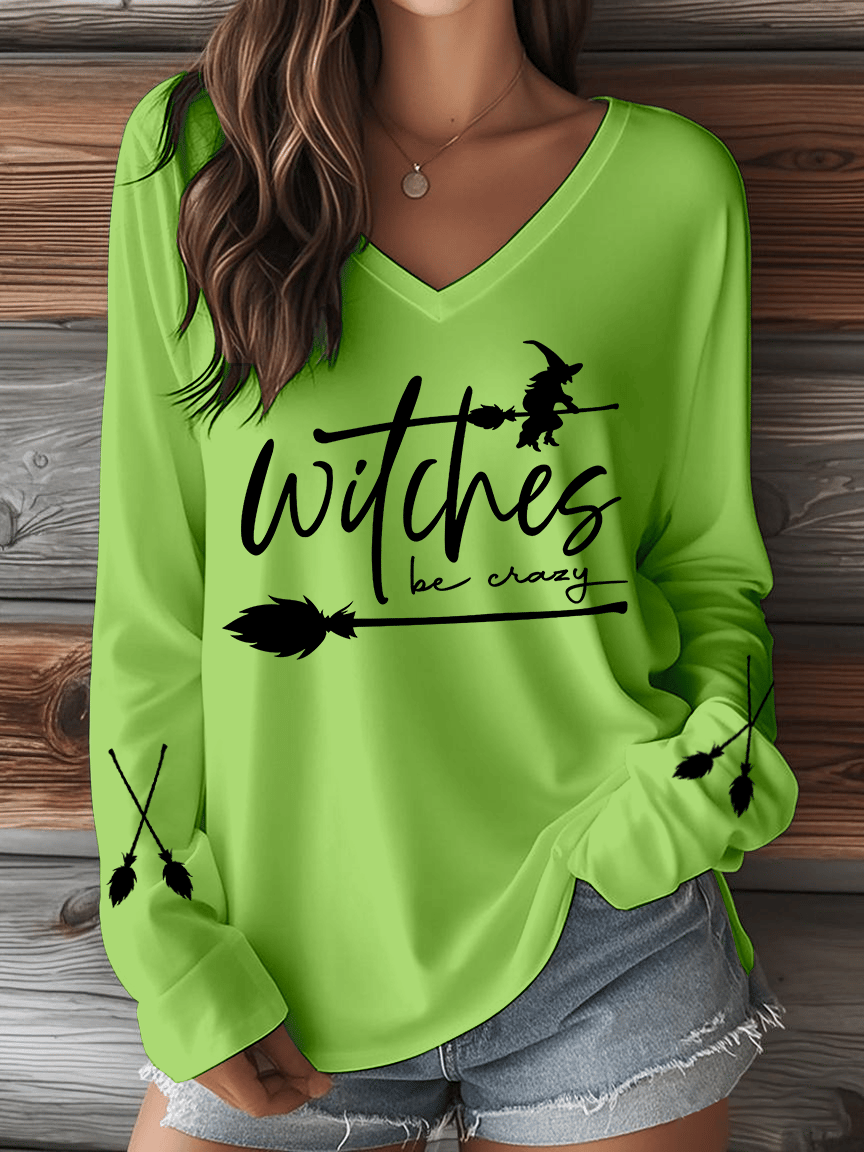 Women's Witch Be Crazy Print V-Neck Long Sleeve T-Shirt