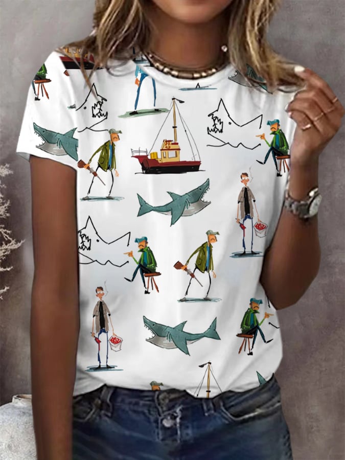 Women's  Shark Art Printed Short Sleeve T-Shirt