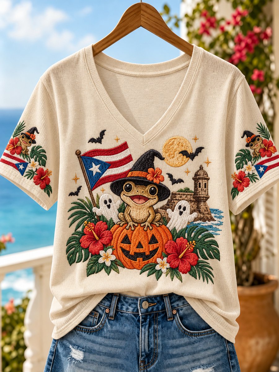 Women'S Puerto Rico-Themed Casual Printed Short-Sleeve T-Shirt For Halloween
