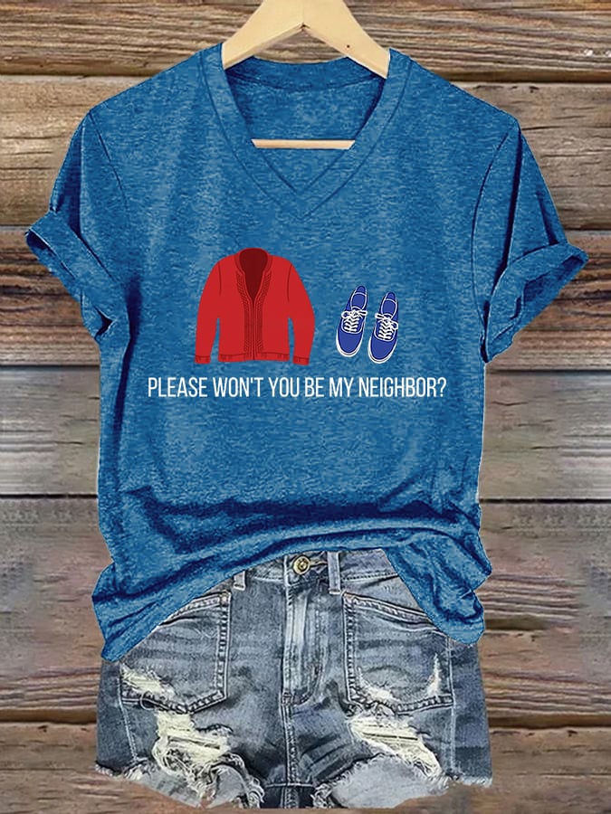 V-Neck Retro Please Won't You Be My Neighbor ? Print T-Shirt