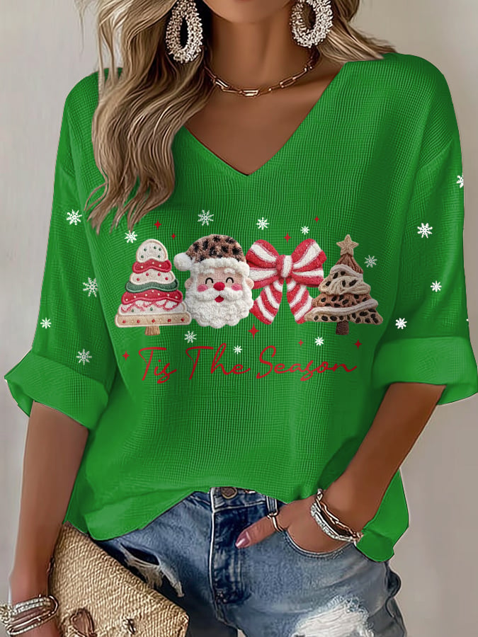 Women's casual Christmas season waffle T-shirt