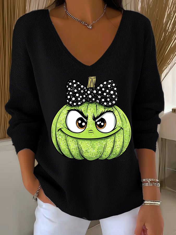 Women's Halloween Ghost Face Print Long Sleeve Knit Top