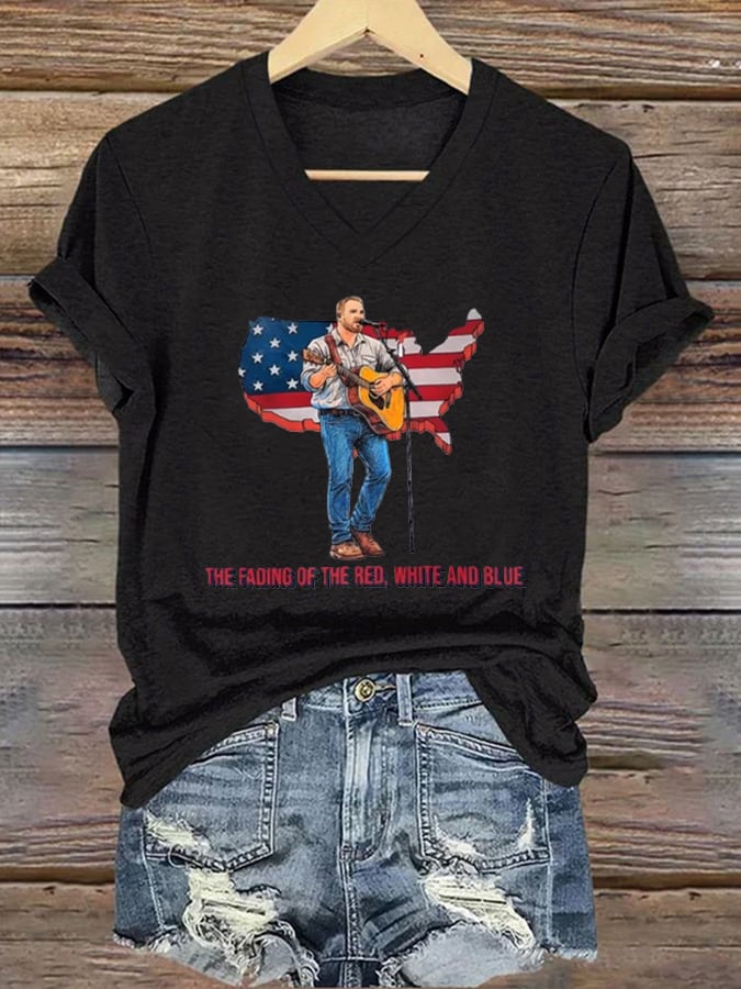 V-Neck The Fading of the Red White and Blue Print T-Shirt