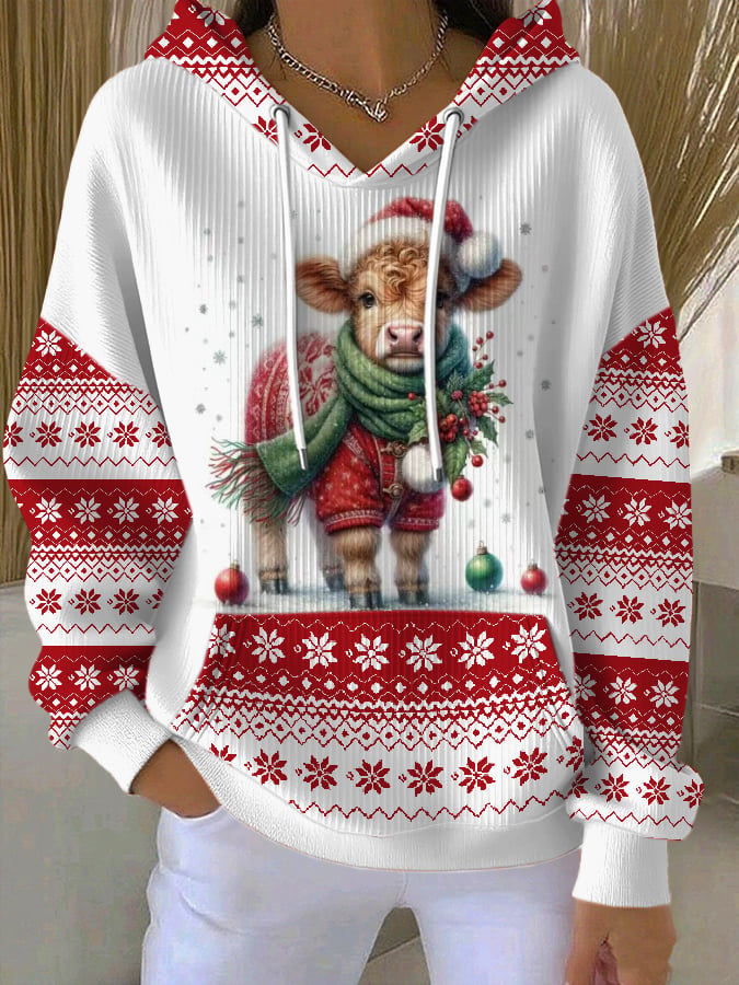 Women's Highland Cow Christmas Print  Casual Hoodie