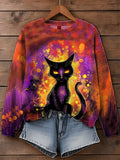Halloween Black Cat Printed Long Sleeve Casual Top