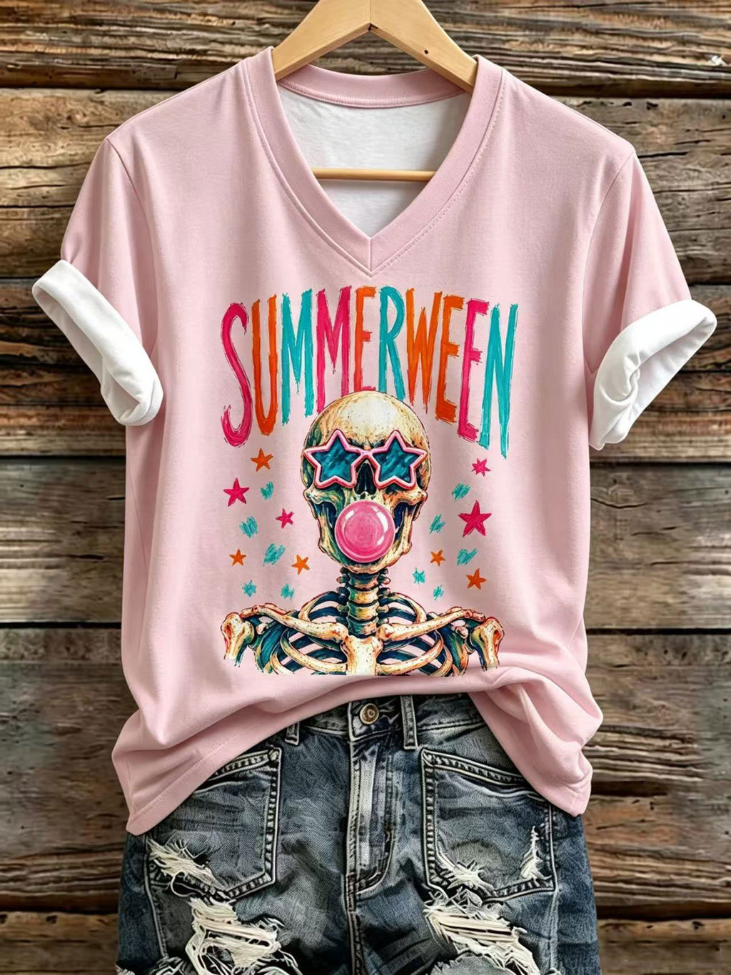 Women's Summerween Skull Vibes Printed V-Neck T-shirts