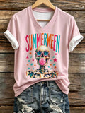 Women's Summerween Skull Vibes Printed V-Neck T-shirts