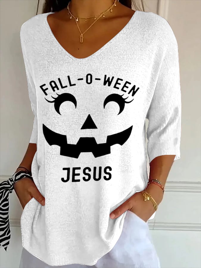 Women's Halloween Pumpkin Face FALL-O-WEEN JESUS Print T-Shirt