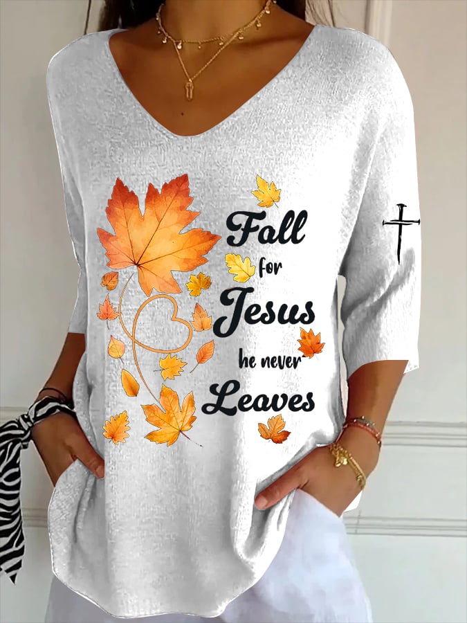 Women's Fall For Jesus He Never Leaves Print T-Shirt