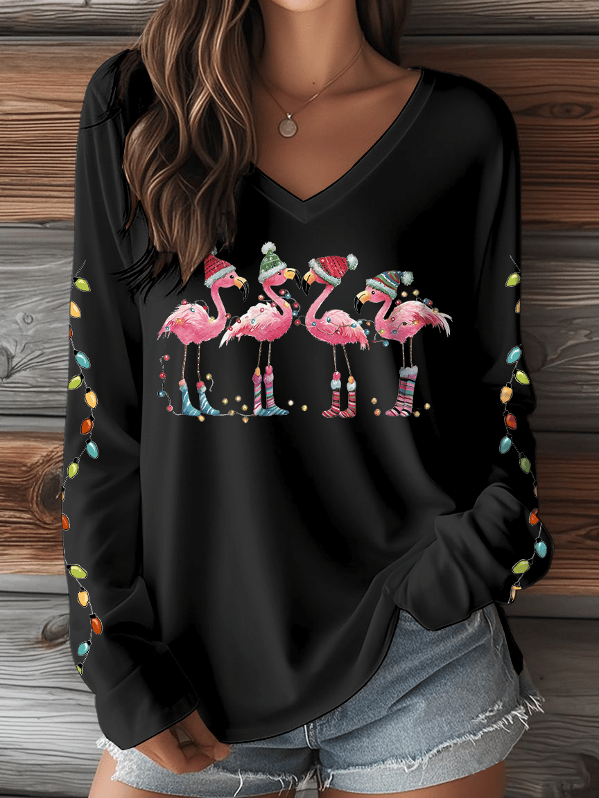 Women's Christmas Flamingo Print V-Neck Long Sleeve T-Shirt