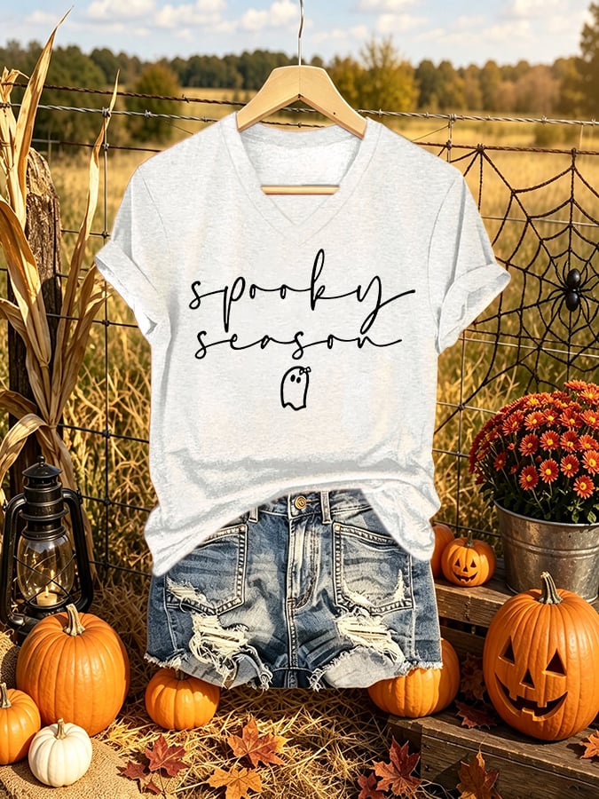 V-Neck Retro Halloween Spooky Season Ghost Print T-Shirt