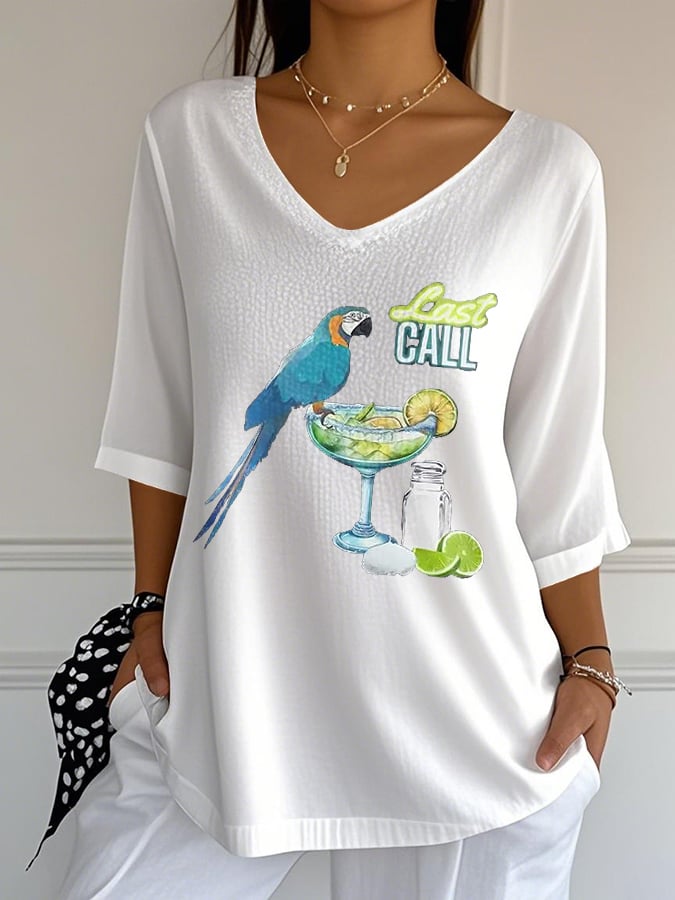 Women's Retro Parrot Margarita Print Mid Sleeve T-Shirt