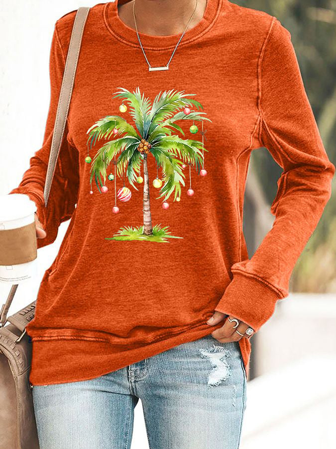 Women's Casual Christmas Palm Tree Printed Long Sleeve Sweatshirt