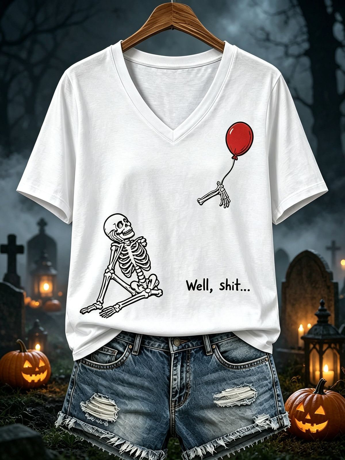 Women's Retro Halloween Well, shit... Print V Neck T-Shirt