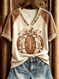 Women's Football Inspired Fall Pumpkin Print T-shirt