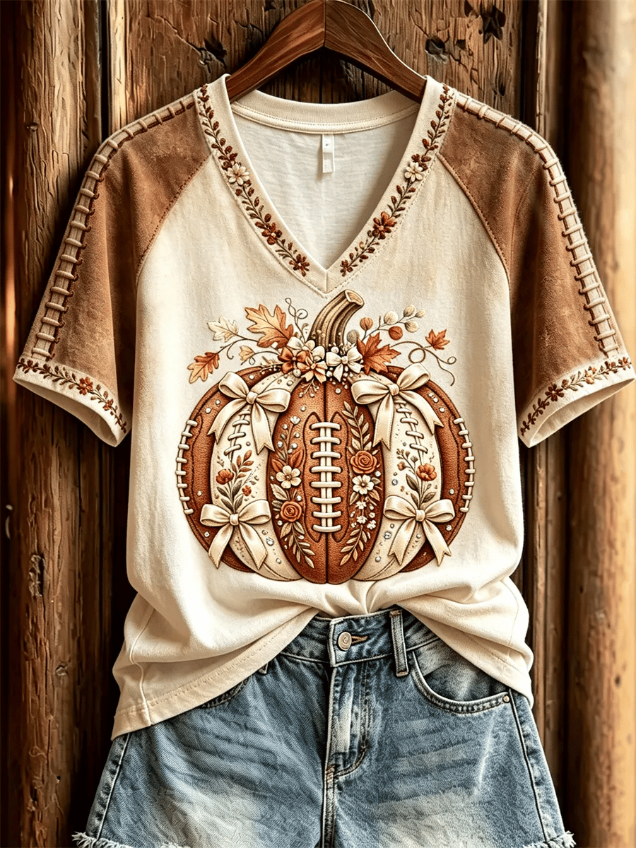 Women's Football Inspired Fall Pumpkin Print T-shirt
