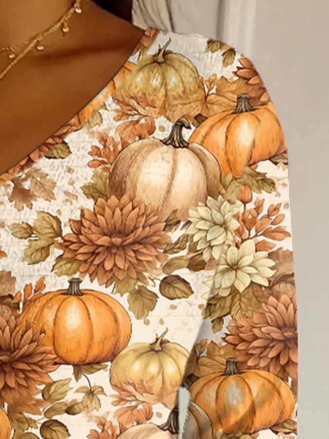 Women's Autumn Faith Pumpkin Stripe Fabric Casual V-neck Mid-sleeve T-shirt
