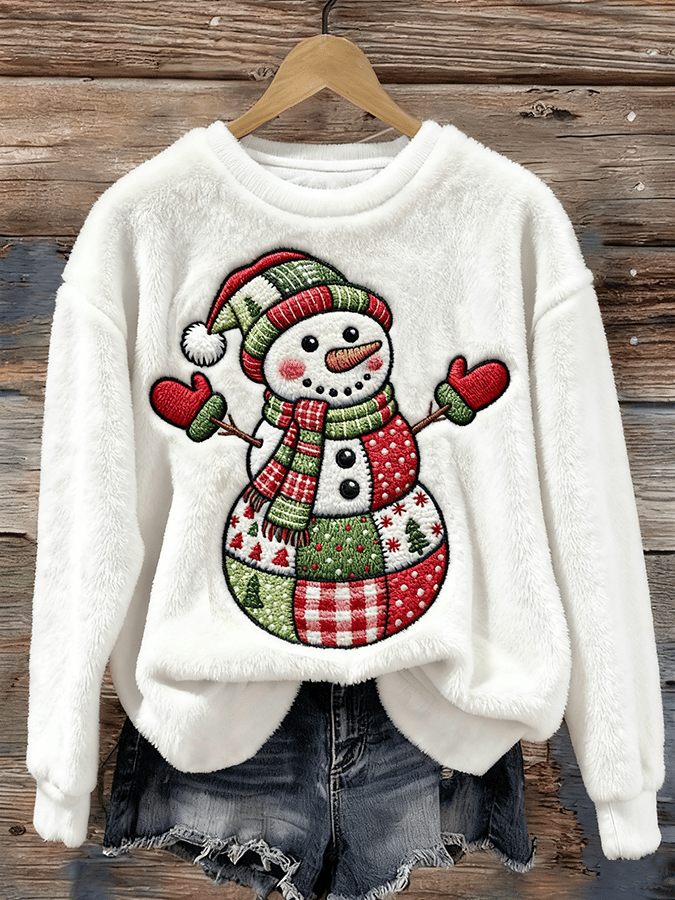 Women's Christmas Snowman Print Casual Flannel Long Sleeve Sweatshirt