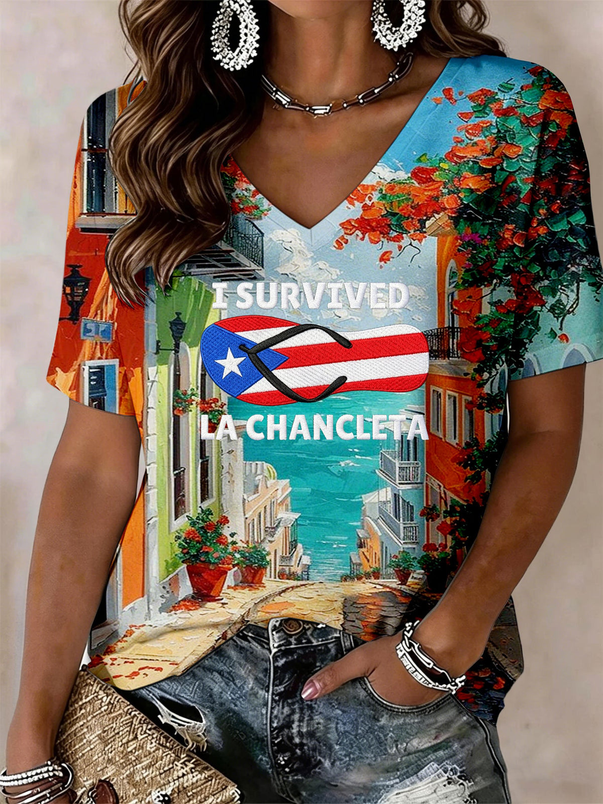 Women's Puerto Rico Printed V-Neck T-shirts