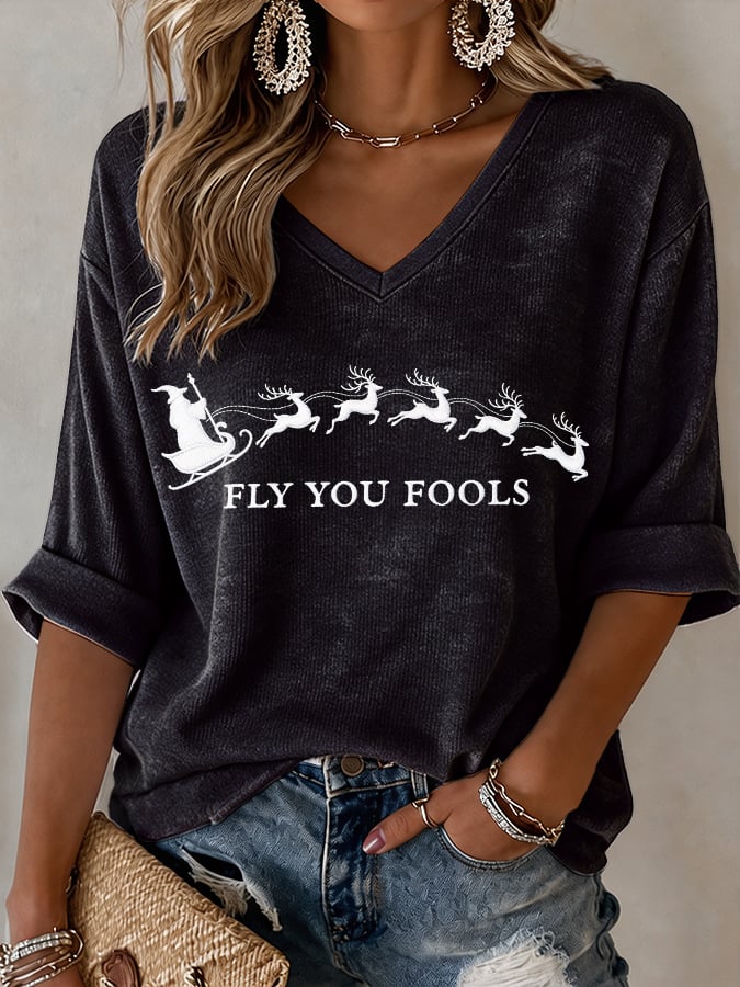 🔥🔥2nd 50% Off 🔥🔥V-Neck Retro Funny Christmas Fly You Fools Reindeer Holiday Season Print T-Shirt