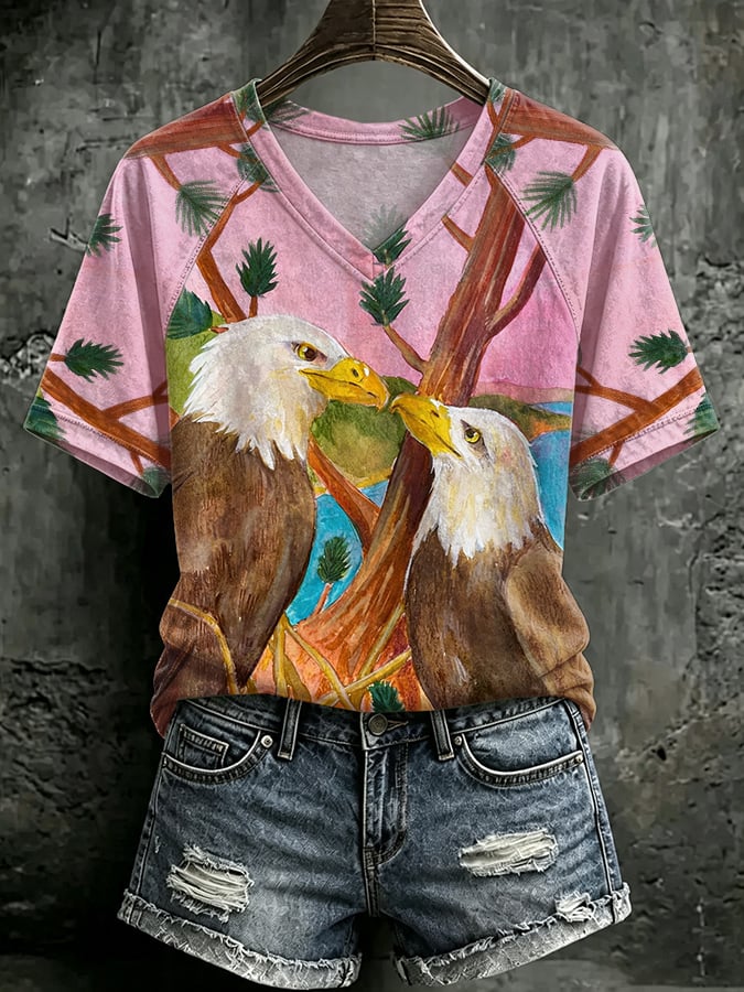 🔥🔥2nd 50% Off 🔥🔥V Neck Retro Jackie & Shadow Bald Eagle Couple Print T-Shirt