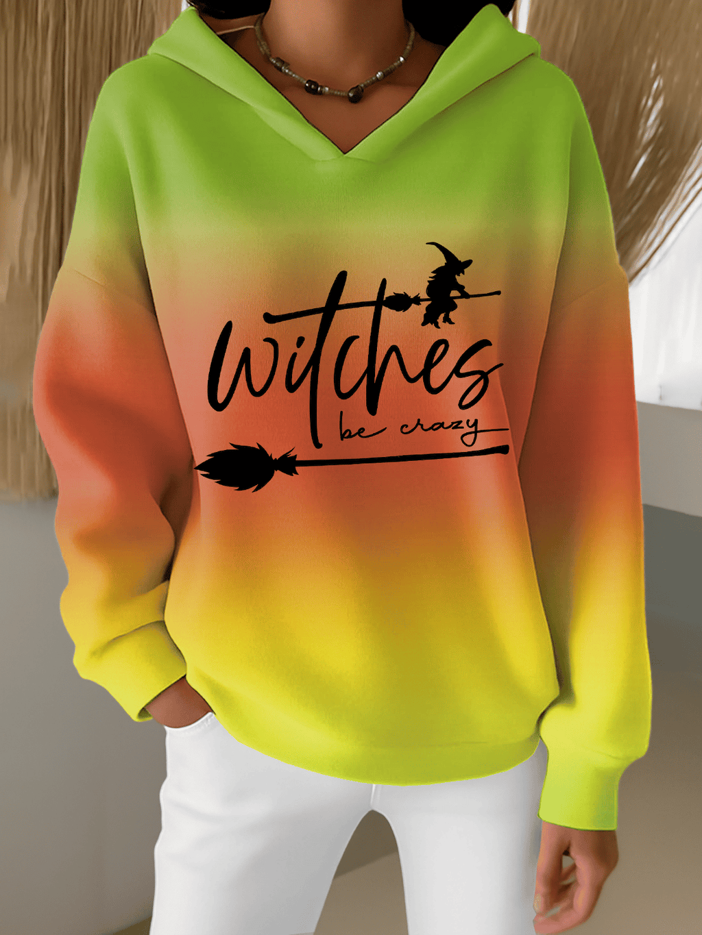 Women's Halloween Witch Print Furry Lined Hoodie