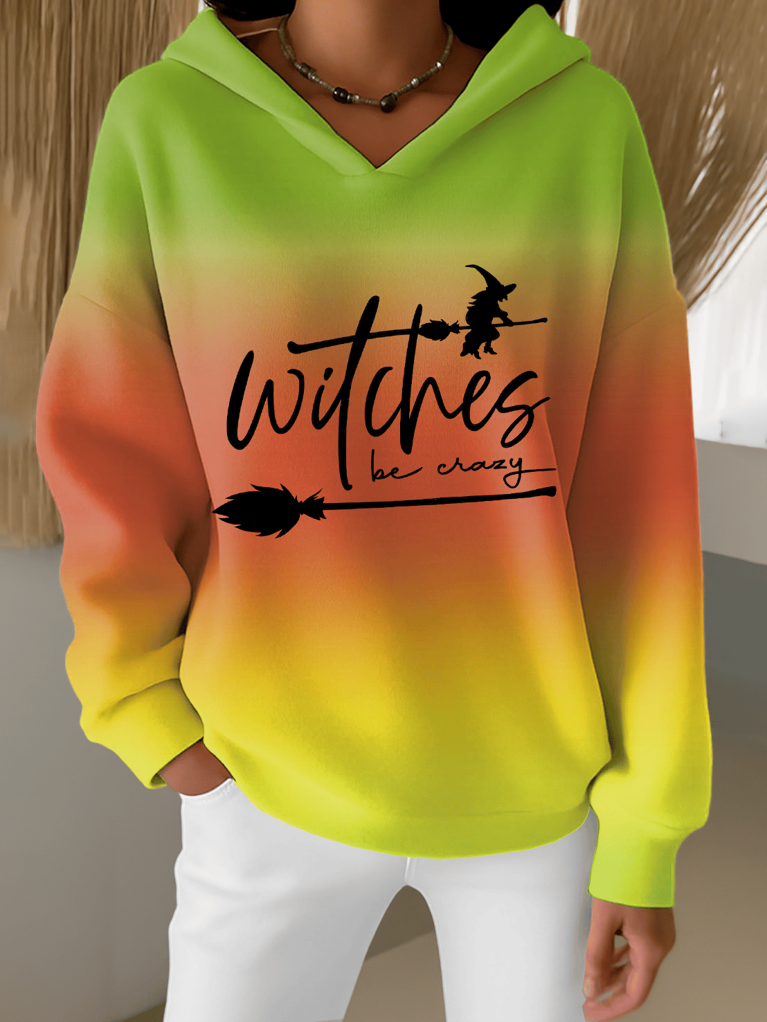 Women's Halloween Witch Print Furry Lined Hoodie