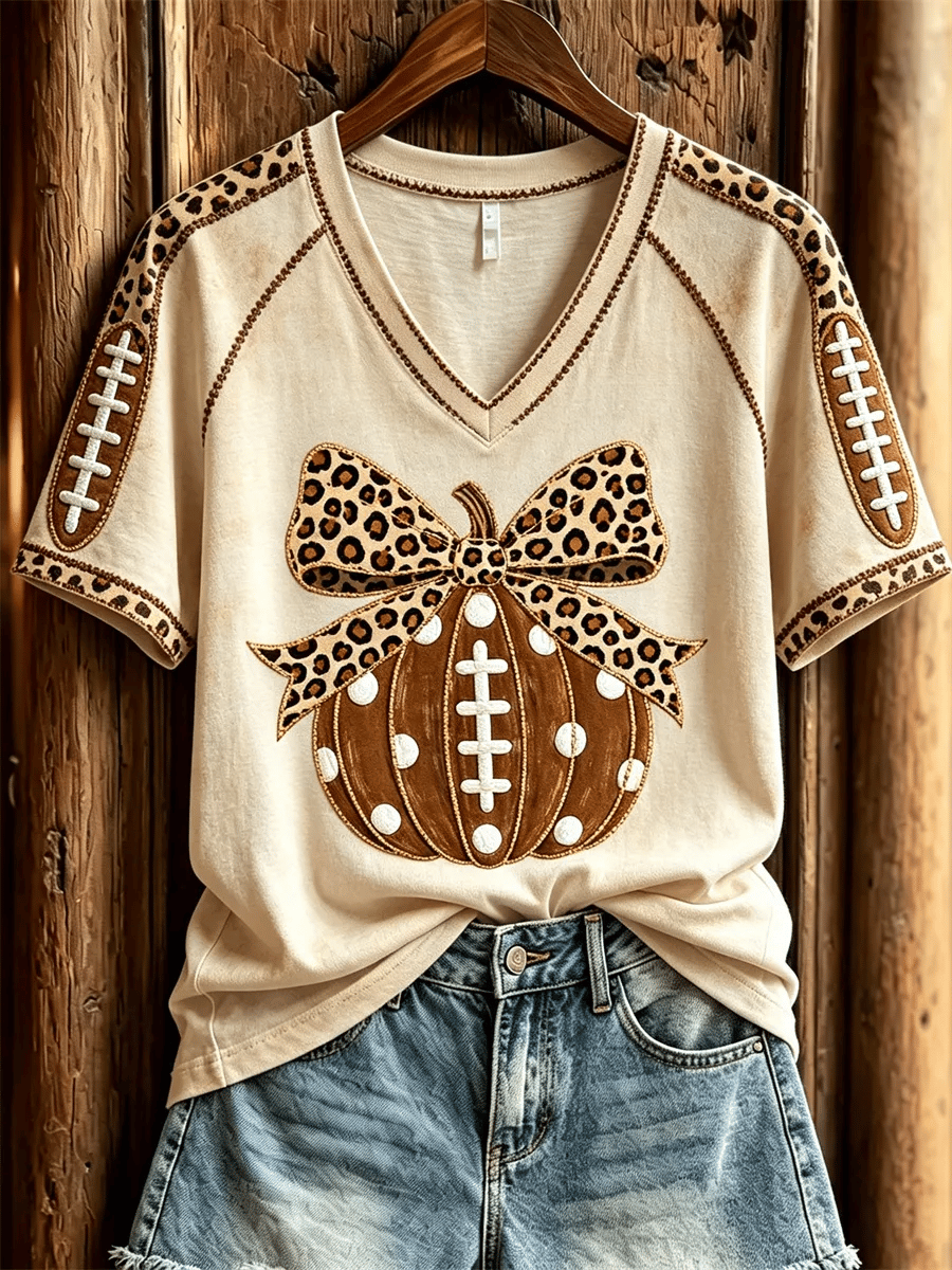 Women's Football Inspired Fall Pumpkin Print T-shirt