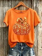 Women's Autumn Sequin Pumpkin Print Crew Neck T-Shirt