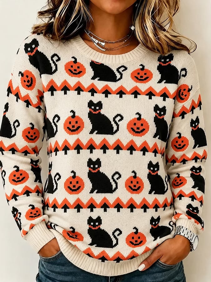 Women's Vintage Halloween Pumpkin and Cat Print Knit Top