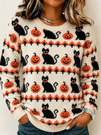 Women's Vintage Halloween Pumpkin and Cat Print Knit Top