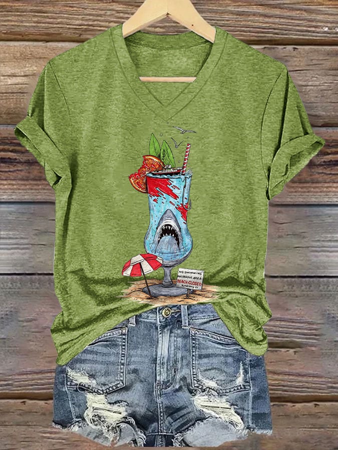 Women's Shark Inspired Print V Neck T-shirt