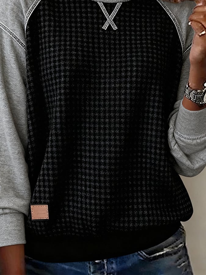 Women's Casual Crew Neck Contrast Waffle Sweatshirt