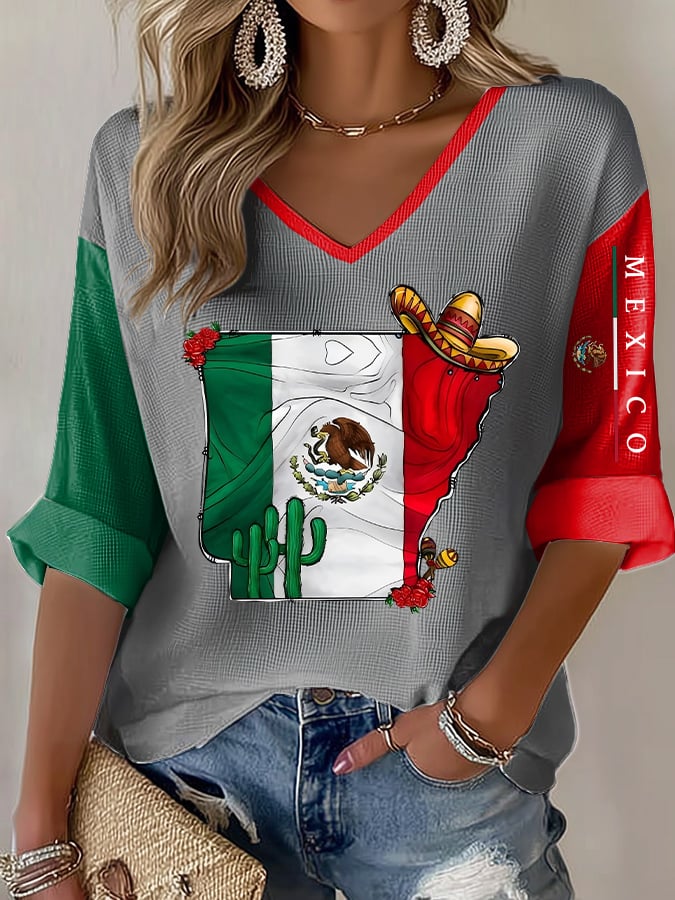 Women's Casual Printed Waffle Top