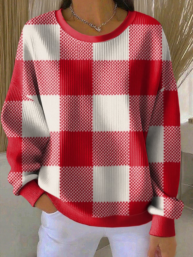 Women's Casual Plaid Print Long-Sleeved Knit Top