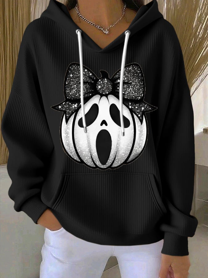 Women's Pumpkin Face Print Casual Hooded Sweatshirt