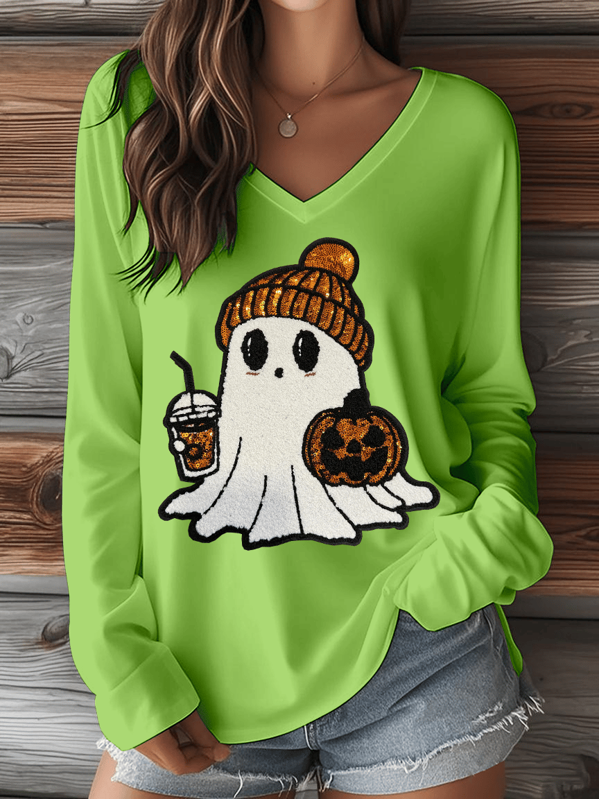 Women's Halloween Ghost Print V-Neck Long Sleeve T-Shirt
