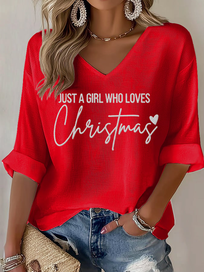 Women's casual just a girl who loves Christmas printed waffle long-sleeved T-shirt