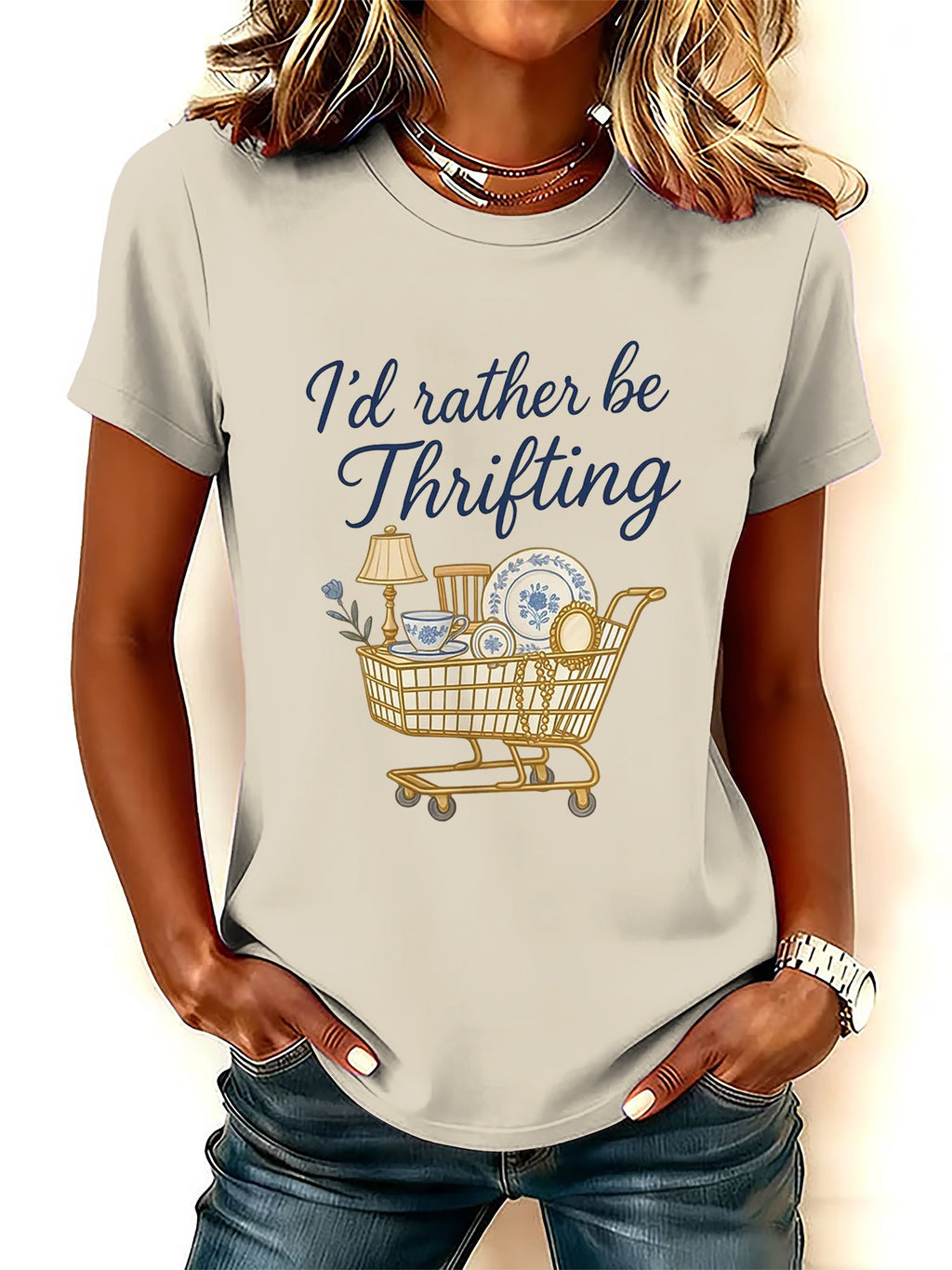 Women's I’d Rather Be Thrifting Print Round Neck T-Shirt
