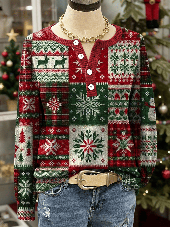 Women's Christmas Print Knit Button Top