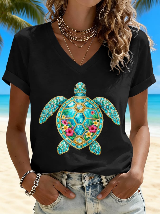V-Neck Retro Vacation Beach Colorful Sea Turtle Floral Print T-Shirt