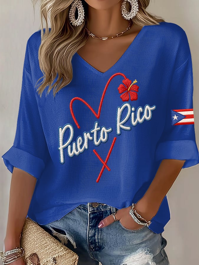 Women's Puerto Rico  Print Casual Waffle Fabric T-Shirt