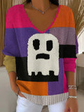 Women's Halloween Print V Neck Sweater