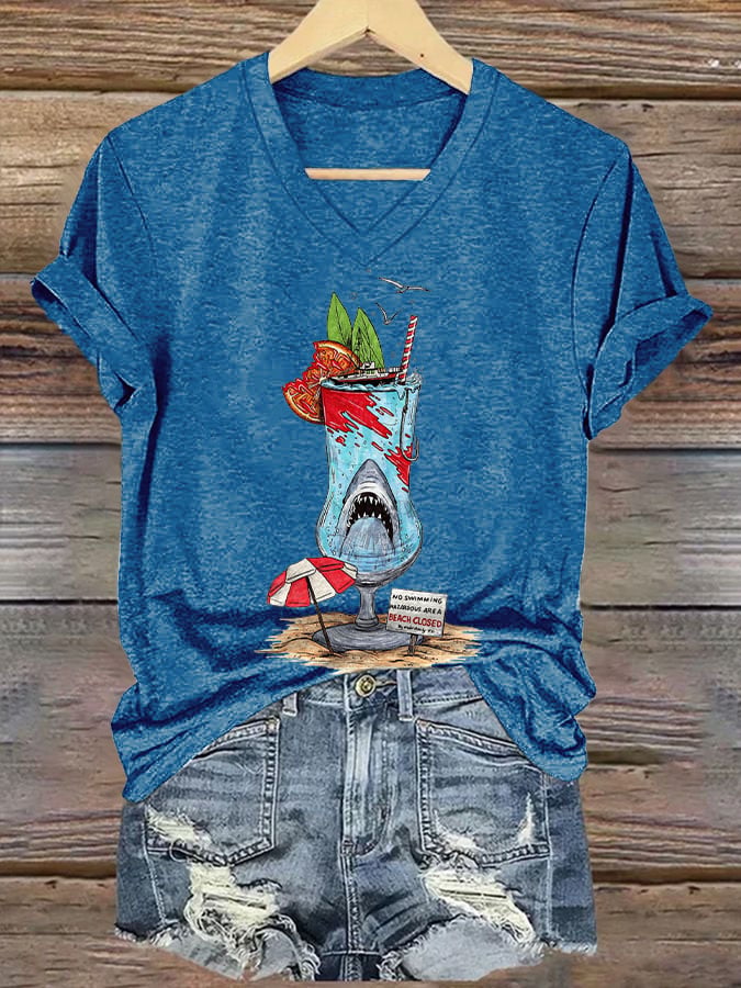 Women's Shark Inspired Print V Neck T-shirt