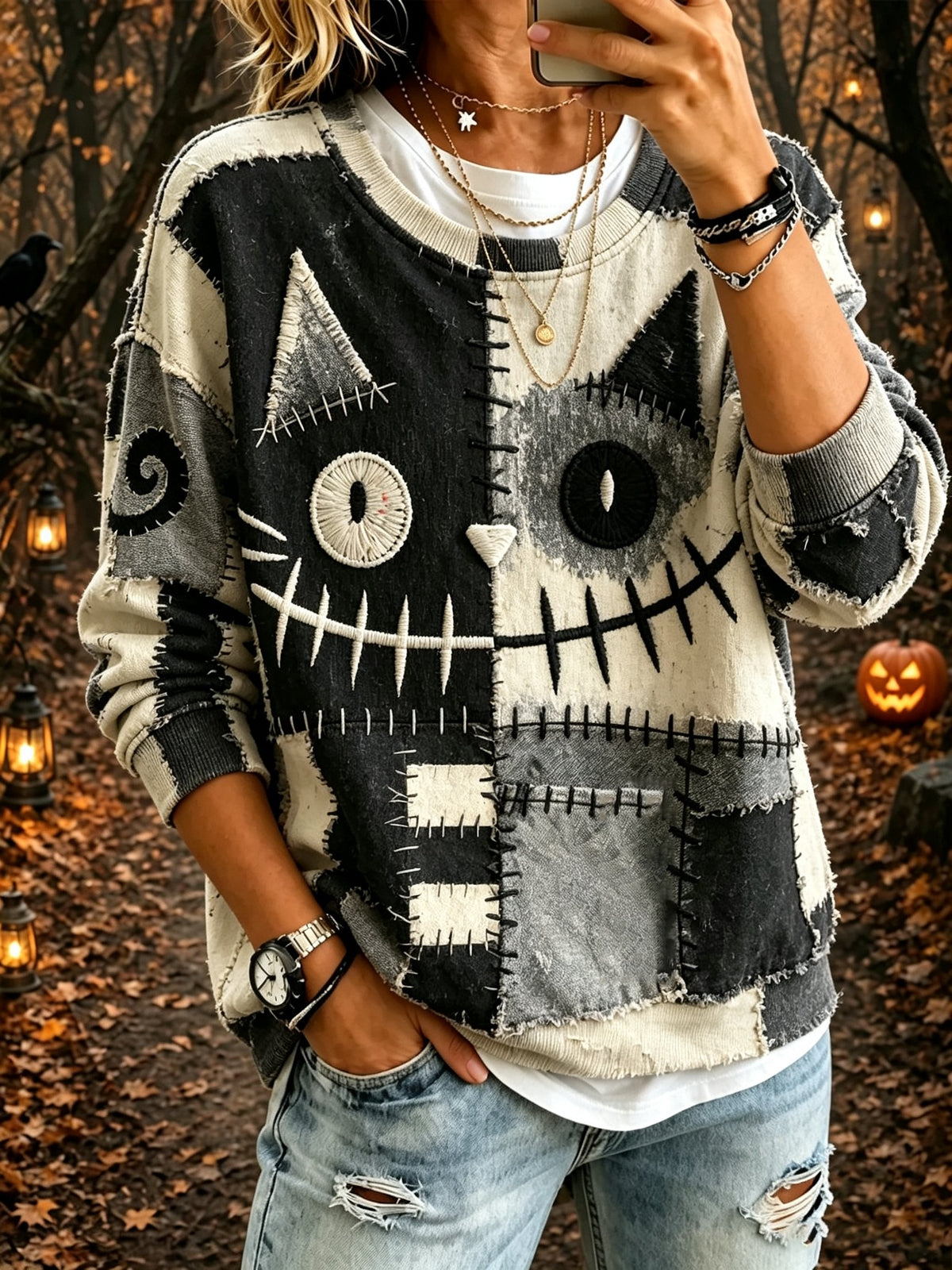 Women's Halloween Monsters Print Sweatshirt